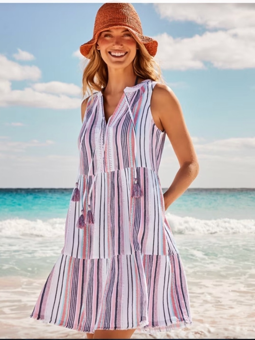 Tommy Bahama Mykonos Gauze Cover Up Dress Striped Tiered Tassel NWT Size S